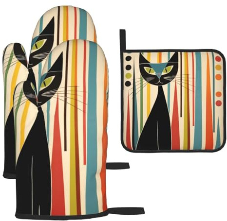 Lot de 3 maniques et maniques en forme de chat d'art moderne du milieu du siècle – Gants de four à micro-ondes isolés imprimés en 3D pour cuisine, pâtisserie, barbecue, grillades