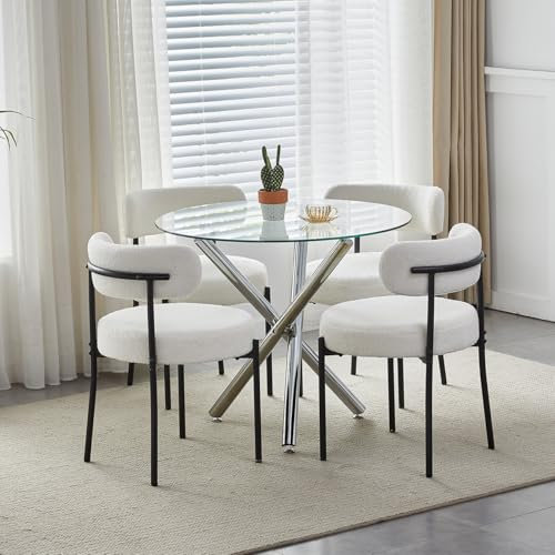 Juego de mesa de comedor redonda de cristal con sillas de terciopelo gris, espacio pequeño para 4 personas, juego de mesa y sillas de cocina moderna, estilo restaurante, sillas beige incluidas