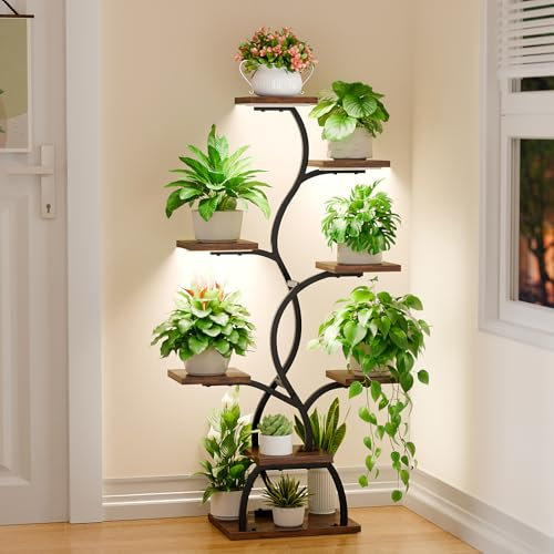 BACEKOLL Pflanzenständer mit Wachstumslicht - 8 Ebenen Blumenständer 124cm Metall Holz Pflanzenregal - Innen & Außen Blumentreppe - Dekoratives Schwarz Blumenregal für Indoor Garten Balkon