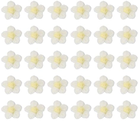 QUARKZMAN 30 flores de ganchillo para coser, 45 x 45 mm aplicaciones florales de algodón lechero hechas a mano para manualidades DIY decoración de pelo sombreros ropa, blanco y amarillo
