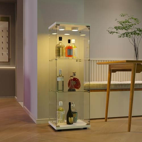 JYNVO Trefaldigt Glasskåp av Härdat Glas, Svart Glasskåp med Belysning, Glasskåp med Dörr och Lås, Fristående Glasskåp, Stående Glasskåp, Vardagsrumsskåp (Vit)