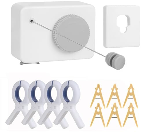 Kaeuoy Retractable Clothesline Indoor/Outdoor, Anti-Sag for Drying Clothes Line for Indoor/Outdoor, We Equipped This 13.8 Fts Laundry line Retractable with 5 Large Clips (White-Gray)