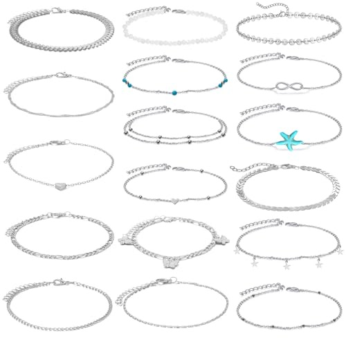 MLPKOI 18 Pcs Bracelets de Cheville pour Femme, Bohème Multicouche Chaîne de Pied Imperméables Réglables Bracelet de Plage pour Femmes et Filles