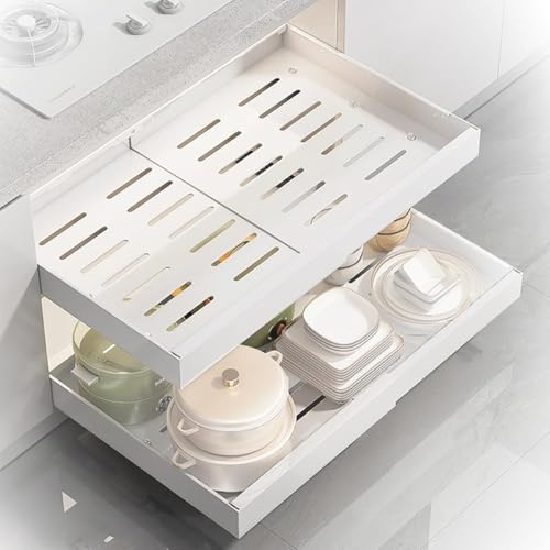 Paquete de 2 Cajones Extraibles para Cocina,Cajón Telescópico,bandeja extraible armario cocina(32-52 Cm)Organizador De Cocina,Para Guardar Utensilios De Cocina Corredero Sin Taladrar(Blanco)
