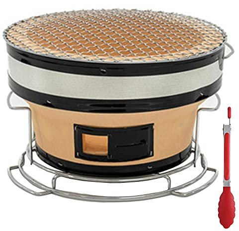 Carbon Furnace, Round Charcoal Grill with Food Tongs, Japanese Hibachi Yakitori BBQ Tabletop Charcoal Grill Portable Barbecue Charcoal Stove Cooker for Camping Or Home