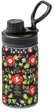 Bouteille d'eau isotherme en acier inoxydable à double paroi avec motif de roses style ukrainien brodé pour boissons chaudes et froides - 355 ml