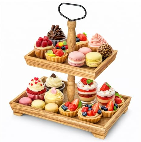 GreenWhim 2 Tier Wooden Afternoon Tea Stand Rectangular Cake Stand Dessert Display Stand Cupcake Serving Tray for Wedding Birthday Party Baby Shower