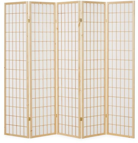 Homestyle4u 76, Paravent Raumteiler 5-teilig Holz Natur Sichtschutz Shoji Raumtrenner Reispapier Weiß Höhe 175 cm