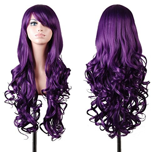 EmaxDesign 80cm qualitativ hochwertige Cosplay Perücke Für Frauen. Lang Voll, Lockig Wllig Heiz resistent. Fashion Glamourös Haarteil mit kostenlosen Perücke Kappe & Kamm (Farbig: Dunkles Violett)