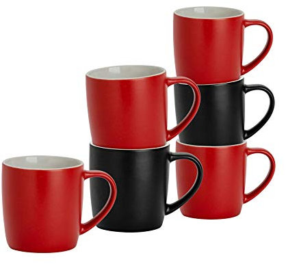 Argon Tableware Coloured Coffee Mugs - Black/Red - 350ml - Pack of 6 - Matte Ceramic Stoneware Latte Cappuccino Cups Hot Chocolate Cups Colourful Mug Set with Handle