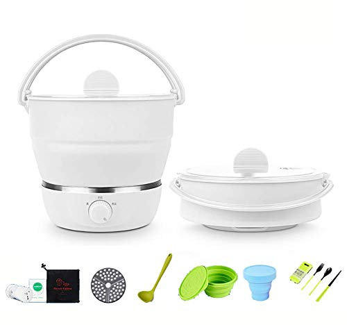 H&RB 10 EN 1 eléctrica Plegable Caliente Olla a Doble Voltage100V-240V Mini Hervidor Silicona de Calidad Alimenticia Cookerware Vapor de Agua en ebullición de Viaje portátil,Blanco,1L