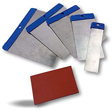 Trousse de couteaux de carrossier | Jeu de 5 spatules japonaises + mini cale caoutchouc pour mastic enduit | Lames acier poli | Largeurs 25-50-80-100-120 mm | Carrosserie bâtiment | Kibros W116