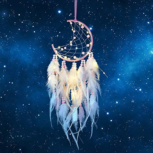 Hongyans Acchiappasogni LED con Piume, Fatto a Mano Acchiappasogni Indiano Dream Catcher per Decorazione Parete di Nozze Camera da Letto Casa Ragazze Bambini Regalo di Compleanno