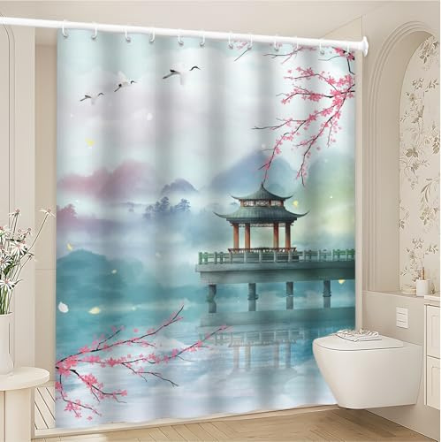 Asian Shower Curtains Chinese Landscape Bathroom Decor Polyester 70 x 70 In