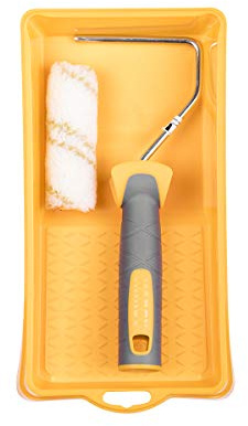 HARDY WORKING TOOLS - Kit De Peinture - Rouleau De Peinture 10 cm, Bac et Rouleaux En Polyester, Hauteur des poils 12mm, Largeur 10cm, Diamètre 15mm, Blanc-jaune-gris