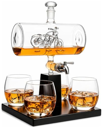 Motorcycle Decanter Whiskey & Wine Decanter Set with 4 Glasses, Motorcycle Gifts, Motorbike Gifts, Dispenser for Wine, Scotch, Bourbon, Whiskey Gifts for Men, Dad, Birthday