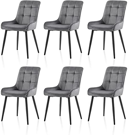 TUKAILAI Esszimmerstühle 6er Set aus Samt, Küchenstuhl Gepolstertem Sitz, Polsterstuhl mit Rückenlehne und Metallbeine, Wohnzimmerstuhl Freizeitstuhl für Küche Esszimmer Wohnzimmer,Grau
