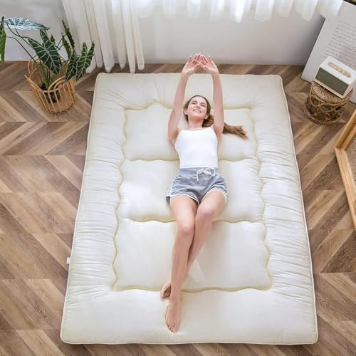 Materasso futon, materasso da pavimento giapponese, trapuntato, extra spesso, pieghevole, traspirante, letto per gli ospiti, letto da campeggio (bianco sporco, singolo)
