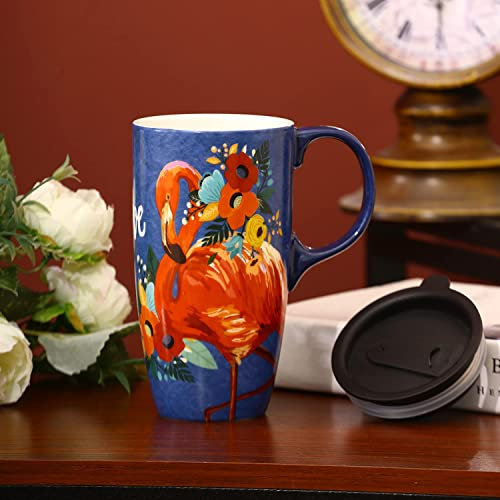 DUSVALLY Taza de cerámica grande para café, tazas altas de porcelana con tapa, taza de té con leche, taza de animales de 17 onzas, flamenco