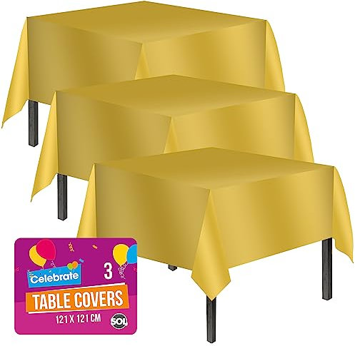 SOL 3pk Gold Disposable Tablecloths 121x121cm. Durable Plastic Cover for Parties, Weddings, Anniversaries, Retirement, Birthdays, Gala Dinners, Christmas & New Year – Waterproof, Easy Clean & Elegant