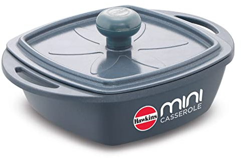 Hawkins 0.75 Litre Mini Casserole with Lid, Square Series Die-Cast pan for Cooking, Reheating, Serving and Storing, (Grey)