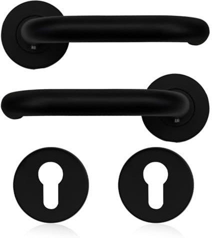 Bwintech 1 pezzi in acciaio inox Nero opaco set di maniglie per porte, montaggio per porte di camere, forma C, con Foro Euro per la rosetta