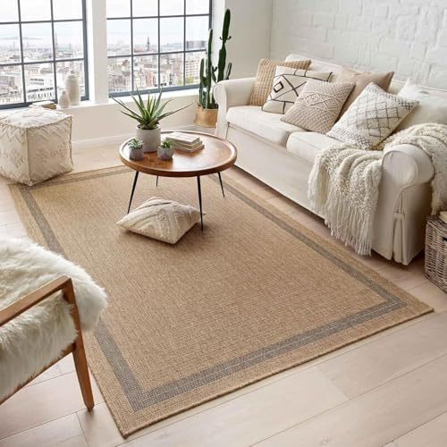 Taracarpet Outdoor & Indoor Teppich für Wohnzimmer Balkon Terrasse wetterfest Borneo Sisal-Jute-Optik naturfarben Natur Bordüre 160x230 cm
