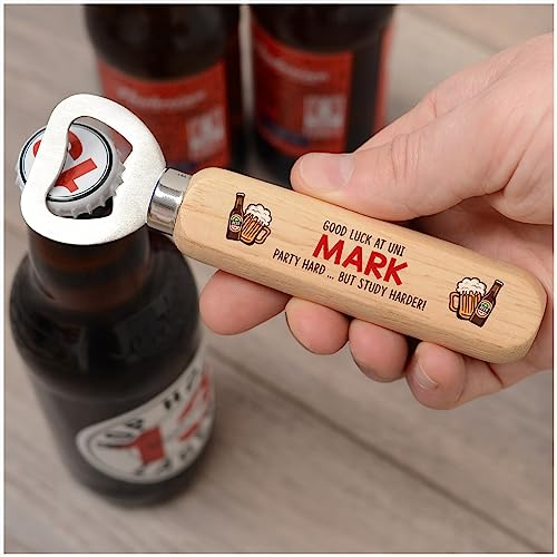 BeeCreative - Good Luck at Uni Gifts From Parents - Personalised Off to University Bottle Opener Gifts - Novelty Funny Joke Present - Brother Son - Congratulations Gifts for Men