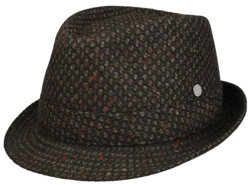 LIERYS Kenvoca Pork Pie Wollhut Musikerhut Club-Stil Schurwolle Herrenhut mit Garniturband Herren Herbst Winter braun-Oliv M (56-57 cm)
