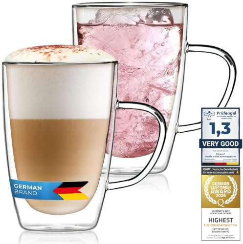 Doppelwandige Kaffeetasse Thermo-Gläser Set 400ml für Espresso Cappuccino, Teegläser Kaffeegläser Latte Macchiato Tassen, Schwebeeffekt mit Henkel (2 Stück)