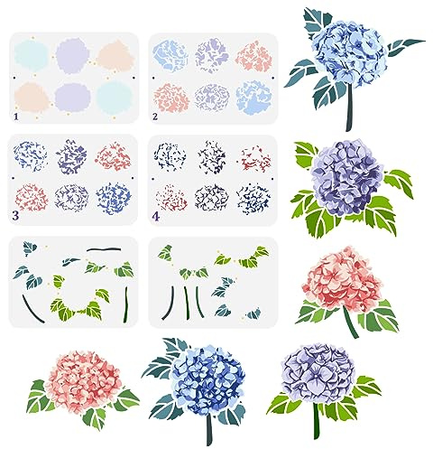 FINGERINSPIRE 6pcs pochoir D'Hortensia en Couches 21x29.7cm Modèle de Dessin de Fleur D'Hortensia Pochoir de Décoration D'Hortensia Pochoir de Fleur de Plante pour Peinture Sur Bois Mur Tissu Meubles