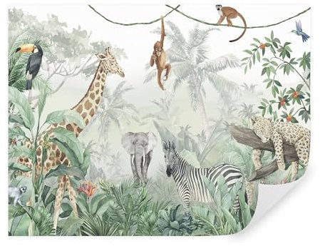 TAPEKO Papel Pintado Infantil 310x210 cm Estilo selva tropical con Jirafa Cebra Elefante Leopardo Fotomurales para Niños y Niñas Prémium Interior Papel Pintado Pared u74709
