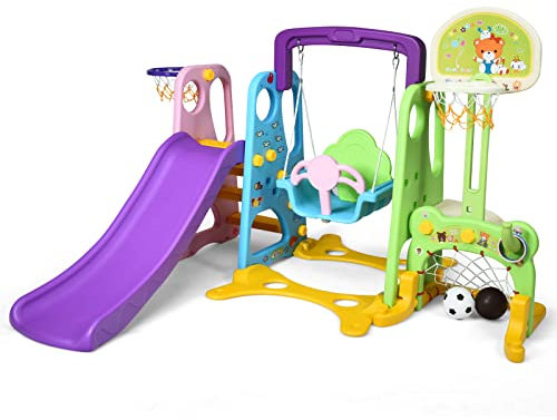 HOMASIS Scivolo per Bambini 6 in 1 con Altalena e Cestino da Basket, Scivolo per Bambini con Lancio e Lavagnetta da Scrittura, Torre Giochi per Interni ed Esterni, 209x174x115cm, Colorato