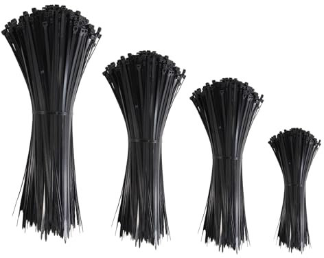 ASKTACKER - Set di 200 fascette stringicavo nero, 100/150/200/300 mm (50 pezzi), in nylon, diverse misure, super resistenti, autobloccanti per la gestione dei cavi, giardinaggio, casa, officine
