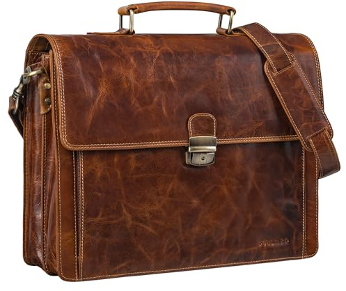 STILORD Stanley Aktentasche Herren Leder mit Schloss für 17 Zoll Laptop Business Tasche Echtleder Vintage Laptoptasche Groß Umhängetasche XL mit Trolley Halterung Farbe:sepia - braun plain