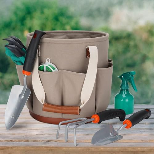 Walkervo Kit Ensemble D'outils De Jardinage Bricolage avec Sac Fourre-Tout De Jardin De 15,5 L 7 Pièces Outillage De Jardin À Main Ergonomiques avec 18 Poches pour Femmes Et Hommes