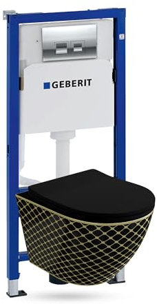 Lavita Duofix Basic Vorwandelement + Wand Tiefspül WC Sofi Slim Black Night Spülrandlos + WC Sitz + Bedienplatte Delta 25 Verchromt Knopf Komplettset Unterputz Spülkasten Toilette Komplett Sett WC