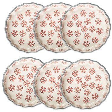 Tranquillo 6er Set Tarteletteform aus Steinzeug mit handgestempeltem Print Grau-Rot RETRO, Ø11 x 3 cm