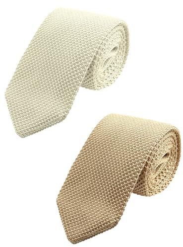 WANYING 2 × Herren 7cm Schmale Strickkrawatte 2,75 Zoll Gestrickte Narrow Krawatte Retro Sporty Casual Büro Basic für Gentleman - Einfarbig Beige-weiß Beige