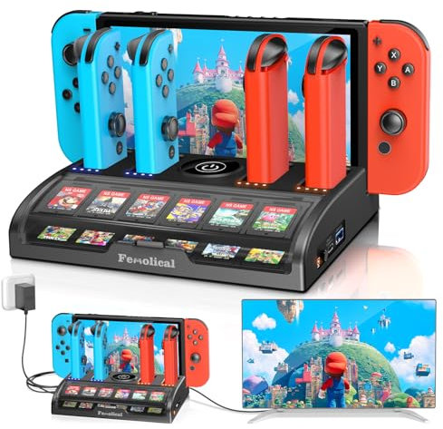 Fenolical Switch TV Dock Station kompatibel mit Nintendo Switch/OLED, für Ladestation mit 4K/1080P HDMI TV Adapter, Ladestation mit 12 Spielesteckplätzen