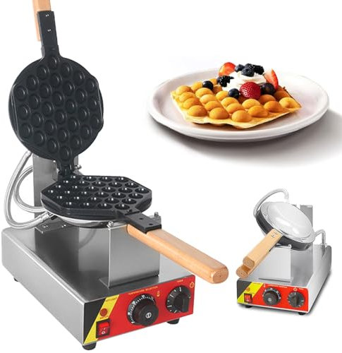 Naturalpowev Bubble Waffle Maker 1000W Egg Puff Waffle Iron Machine w/ 180° Rotatable & Wooden Handles, Easy to Clean Waffle Iron for Home Use, 122℉/50℃ to 572℉/300℃ Adjustable
