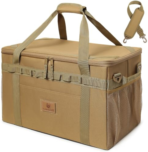 Lemubeane Tactical Camping Storage Bag Utility Tote Bag Camp Kitchen and Trunk Organizer with Axe Holder and Shoulder Strap (Coyote Brown, Large (46L))