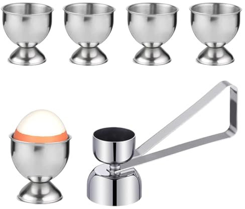 VVHFXD Lot de 5 coquetiers en acier inoxydable avec pied, empilables, 1 embout à œufs, ouvre-œuf, argent, pour camping, plateau petit déjeuner