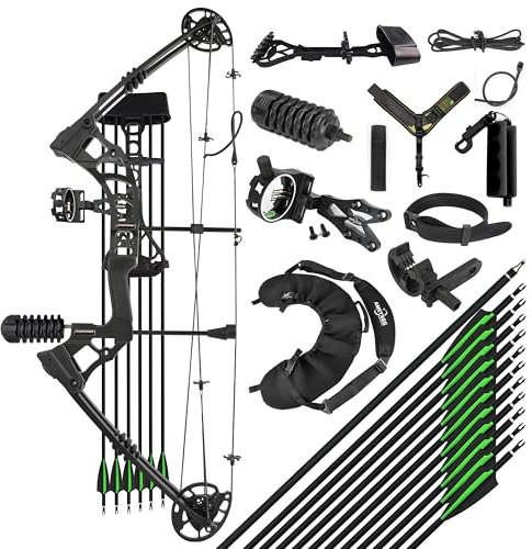 surwolf M121A Compoundbogen 0-70lb Bogenschießen Jagd Compoundbogen und Pfeile Set für Erwachsene und Anfänger IBO 320fps,Zuglänge 24-30” für Bogenschießen im Freien (schwarz set1)