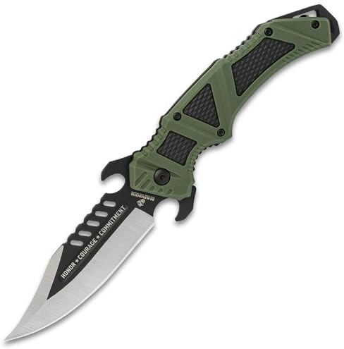 United Cutlery USMC Desert Ops Pocket Knife | 4 Blade | 9 Overall | TPR and TPU Handle | Pocket Clip (Olive Drab)