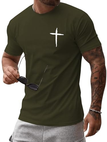 iudam herr t-shirts bomull rund hals kortärmad skjorta med Jesus kors tryck casual slim fit sommar t-shirts tröjor tro kristus t-shirts, Armégrön, XL