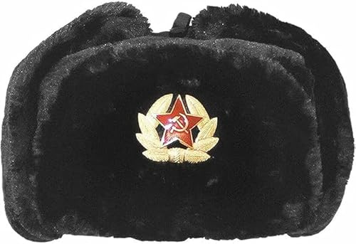 Cappello da cacciatore russo da uomo, cappello invernale caldo con distintivo sovietico, unisex, pelliccia sintetica Ushanka, cappello con alette, stile sovietico, cappello invernale unisex, Nero