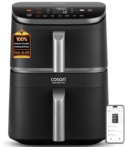Cosori Turbo Tower Pro Dual Air Fryer, 10.8L Ceramic Coating, Stacked Space-Saving Design, DualBlaze Even Heat Tech, Rapid Heat System for Faster, Crispier Cooking, Smart Control, Energy Efficient