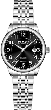 Taxau Armbanduhr Damen Edelstahl, Kleine Damenuhr mit Arabischen Ziffern, Quarzuhr Damen mit Datum, Easy Read Zifferblatt, 3 Bar Wasserdicht, Elegante Uhr für Frauen