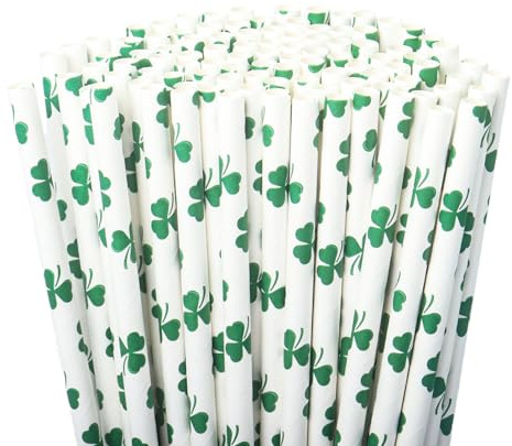 100Pcs Shamrock Straws, Green & White Striped Paper Straws Disposable Straws Paper Straws Drinking Party Straws for St Patrick's Day Birthday Wedding Party
